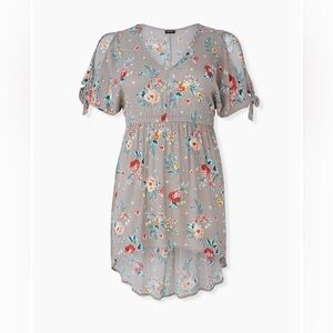 Torrid Floral Crinkled Gauze Cold Shoulder Hi Lo Babydoll Tunic Taupe 2X